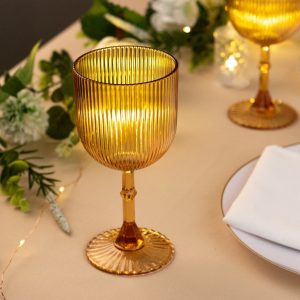 12-Pack Amber Gold Plastic Wine Glasses 9oz, Vintage Ribbed Pattern - Reusable Shatterproof Goblets