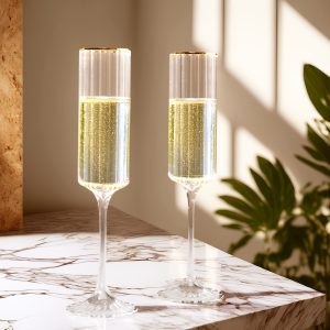 6-Pack Modern Champagne Flutes – 7oz Real Glass, Clear Ribbed Cylindrical Design with Gold Rim, Elegant Toasting Glasses for Weddings & Celebrations –